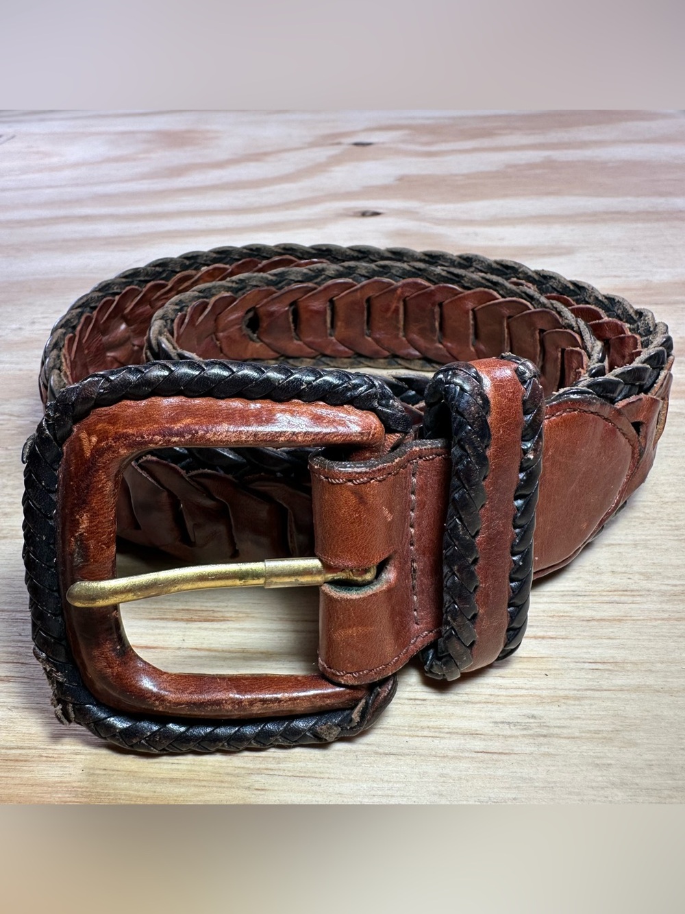 Vintage Brighton Braided Leather Belt Size Small Two Tone Brown Black Wrapped Bu